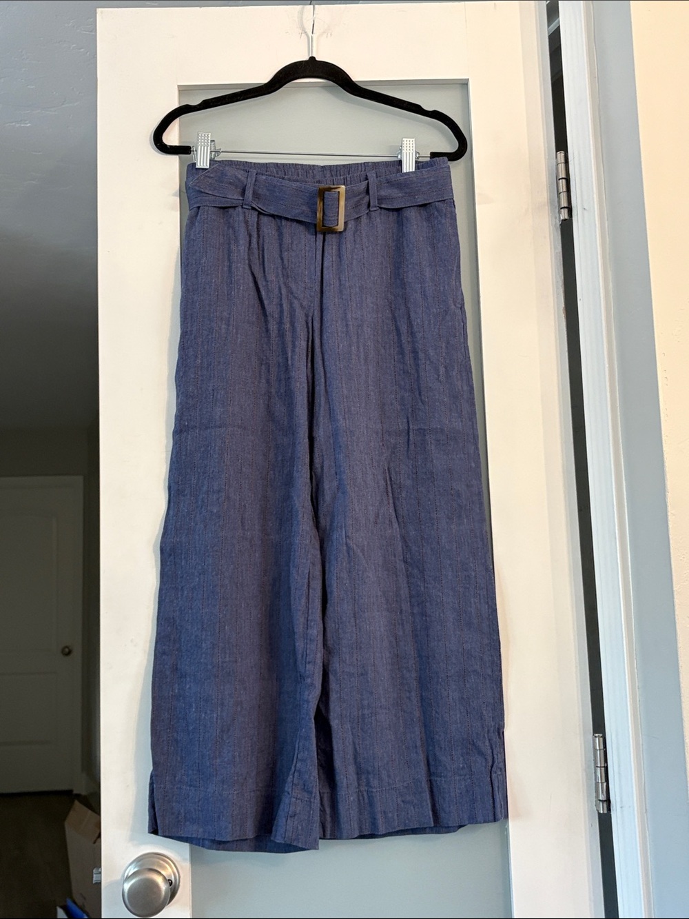 J Jill Linen Stretch Cropped Pants Womens XS Petite Chambray Striped Wide Leg
